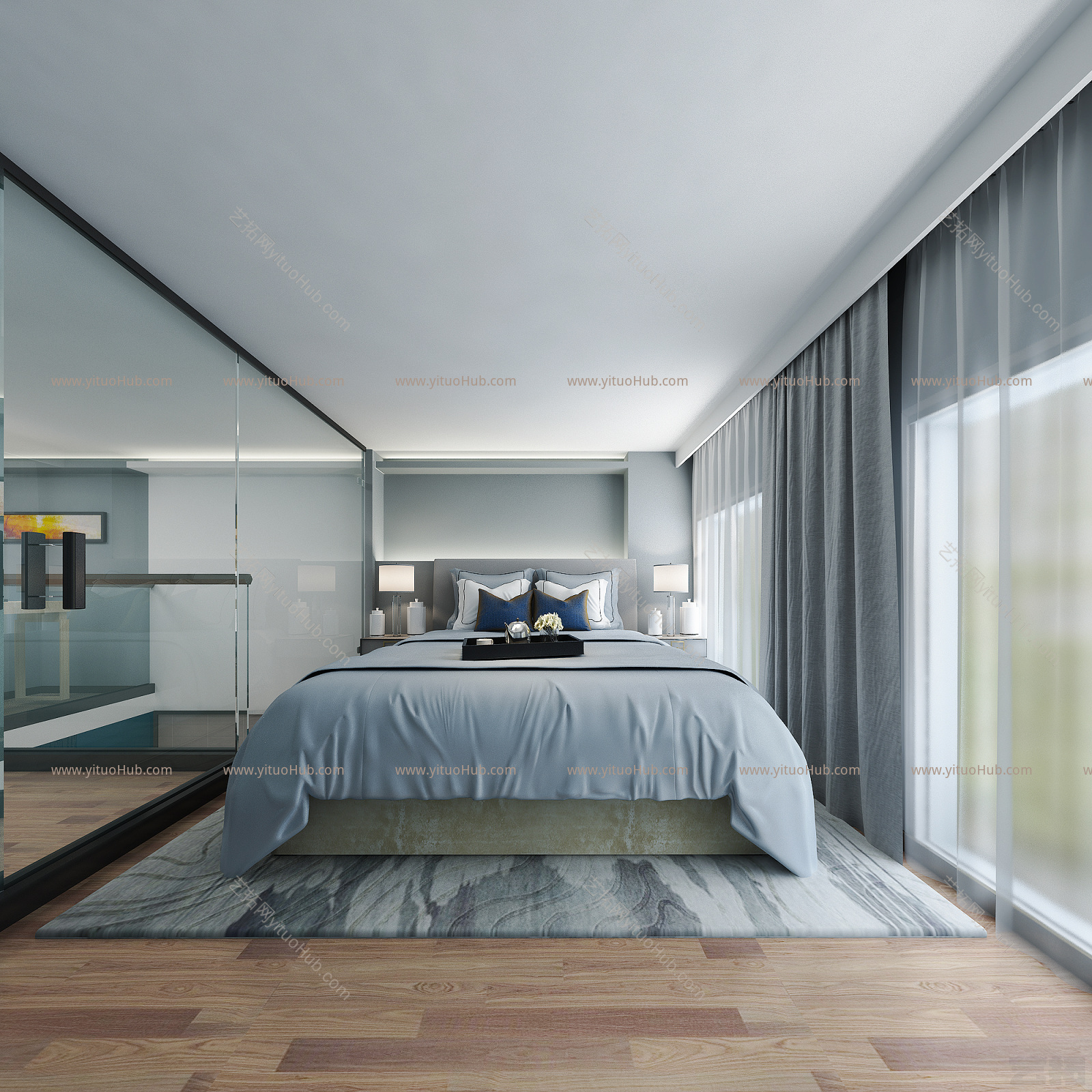 现代简约loft客厅 卧室 工作空间