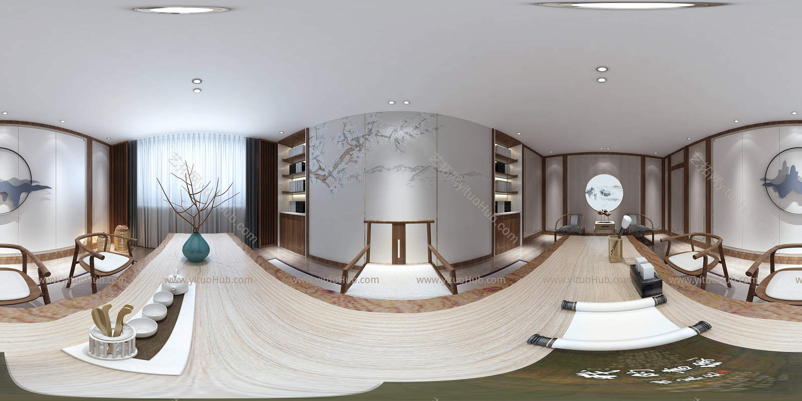 新中式办公室3D全景模型茶桌书桌书柜护墙吊灯隔断窗帘