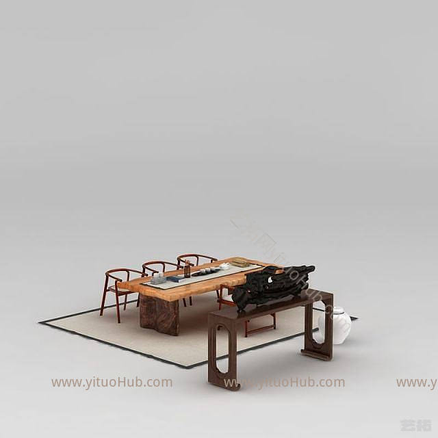 新中式茶室桌椅陈设品组合模型