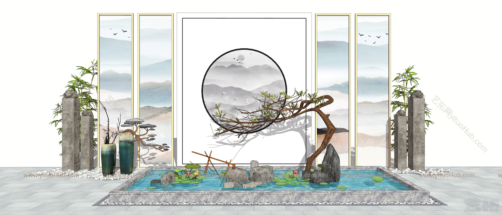 新中式景观小品 景墙 栓马柱