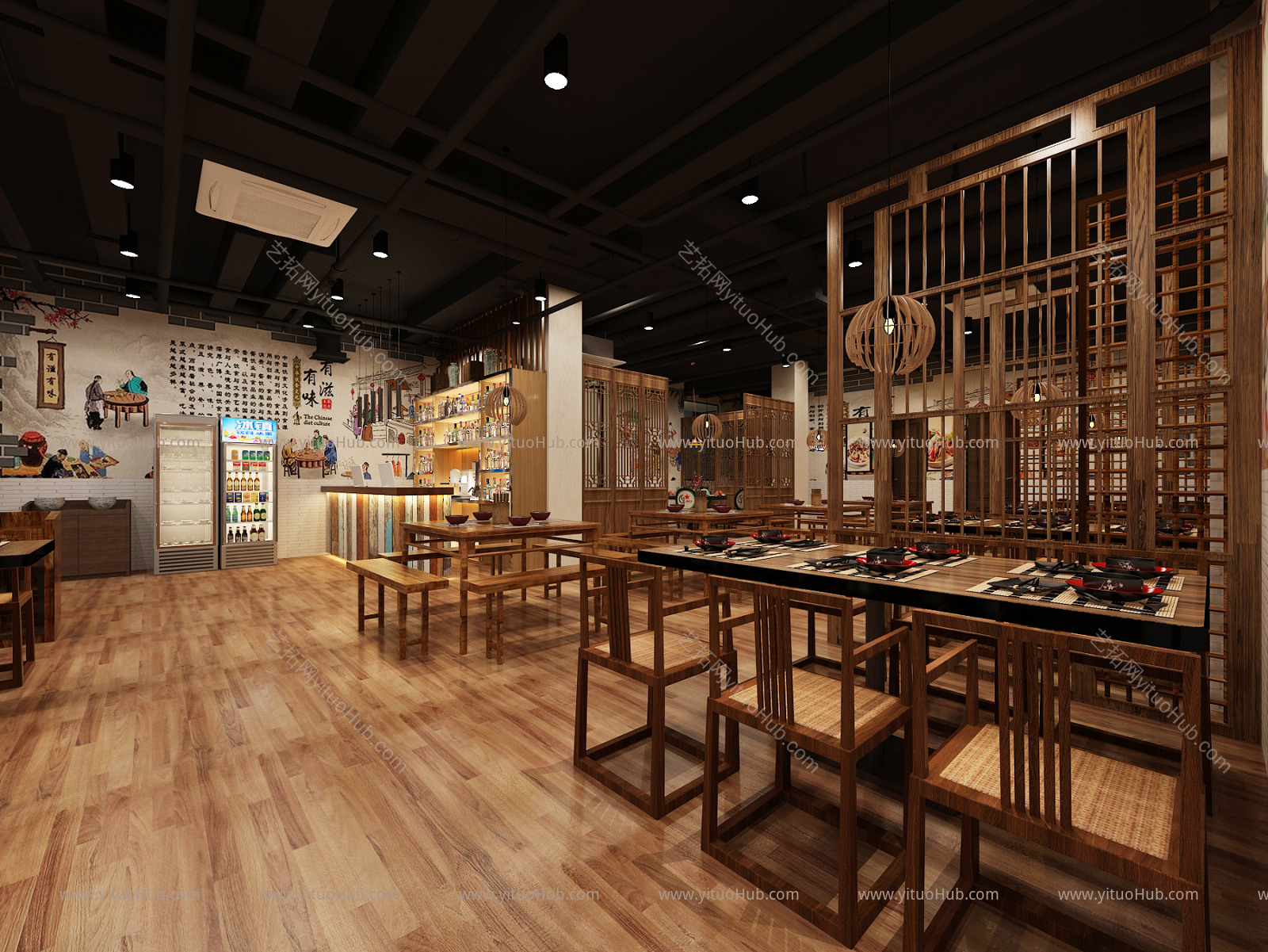 新中式快餐店 吊灯 挂画
