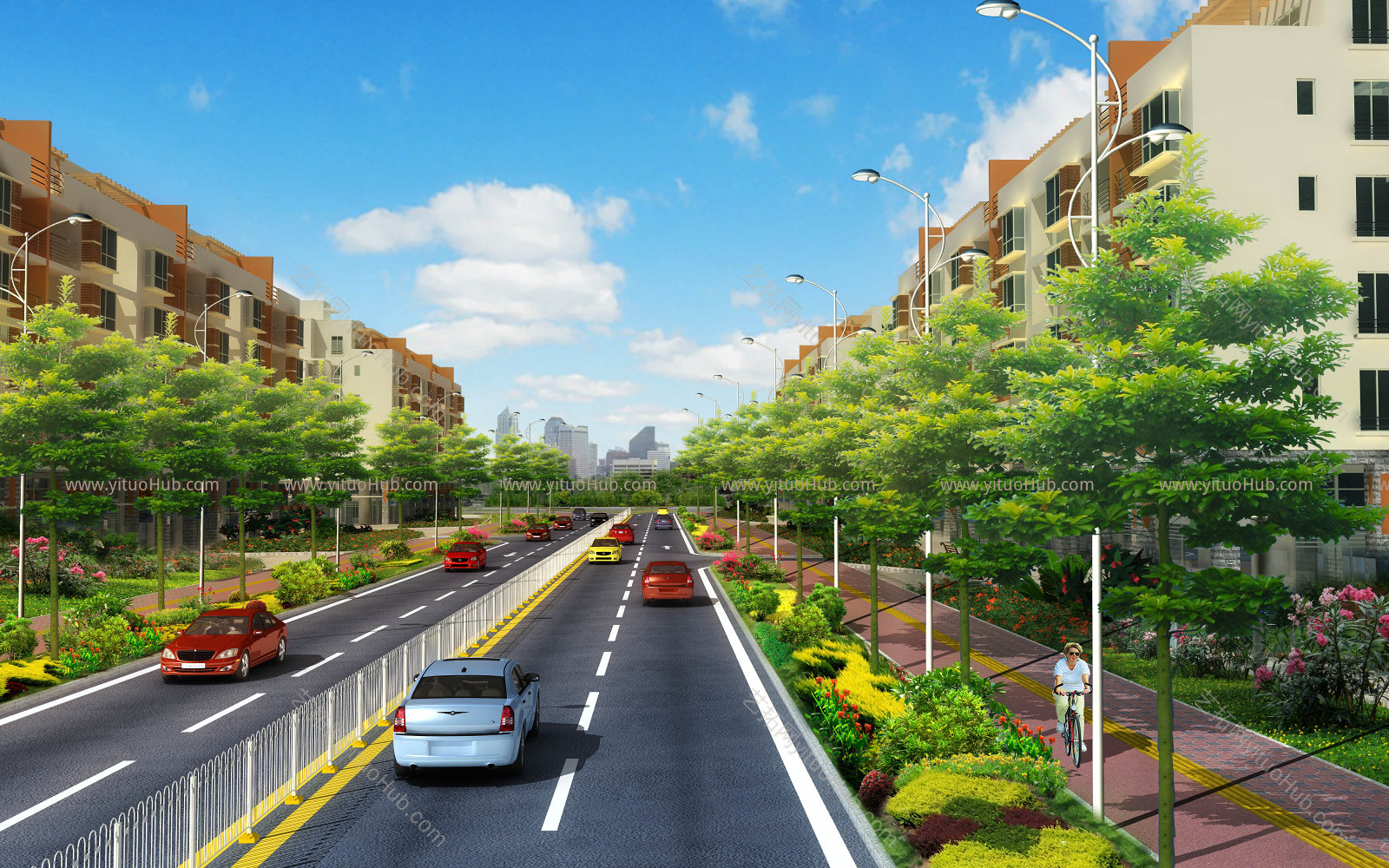 园林景观道路绿化透视图