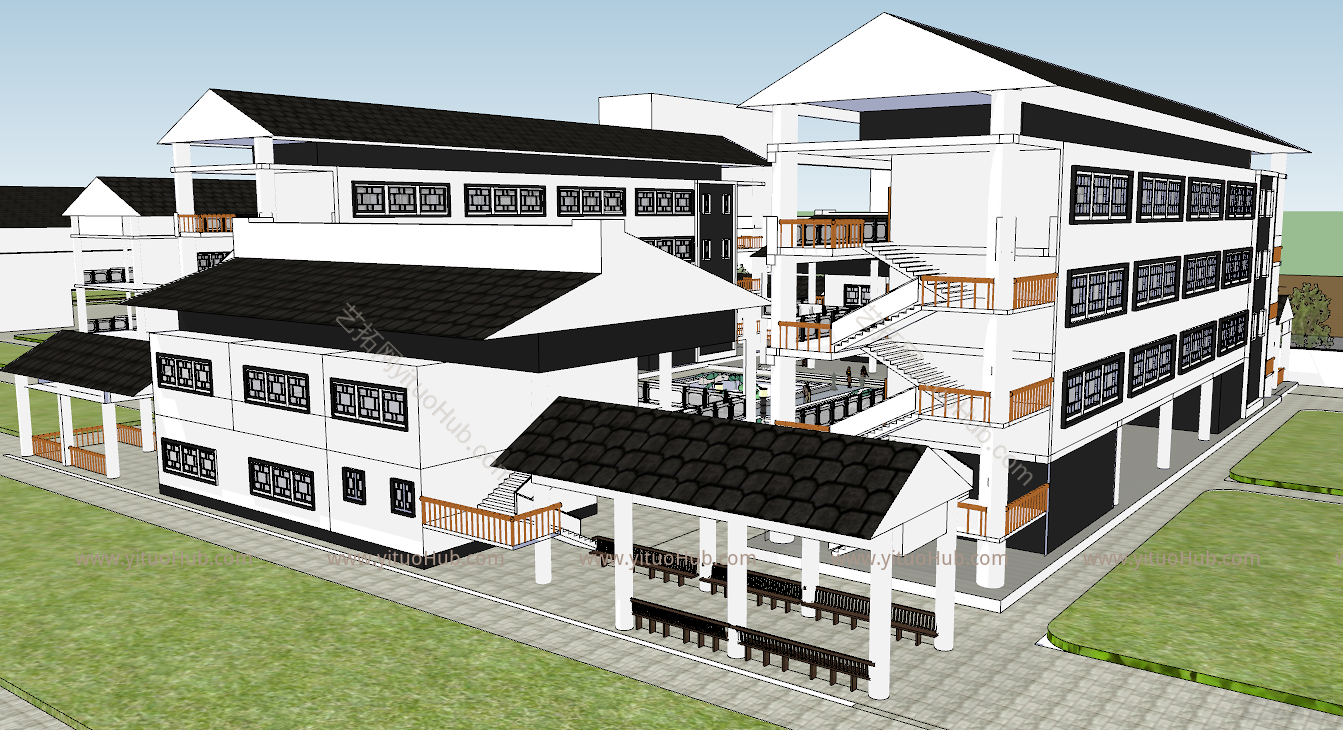 中式学校 教学楼 图书馆 艺术楼建筑