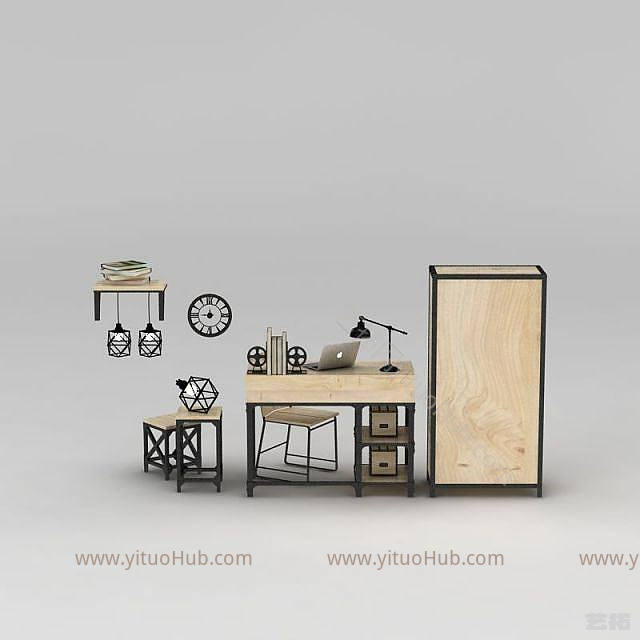 工业LOFT工业风书桌椅编码柜组合模型
