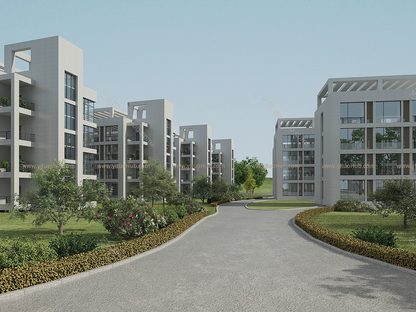 现代小区楼盘景观，房屋建筑，草地，树木，绿化带，植物堆，户外住宅建筑外观