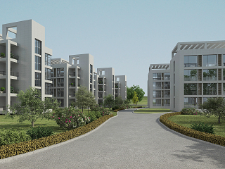 现代小区楼盘景观，房屋建筑，草地，树木，绿化带，植物堆，户外住宅建筑外观
