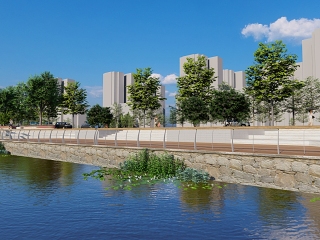 现代硬质驳岸河道效果图