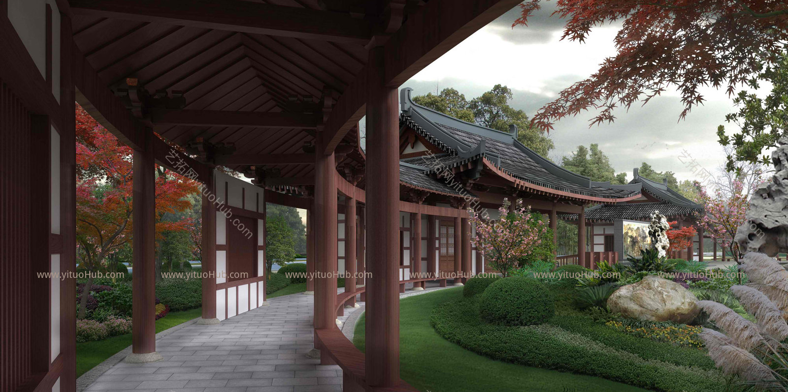 中式古典园林长廊古建景观效果图