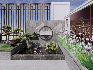 新中式庭院景观水景小品廊架装饰景墙罗汉松置石SU景观庭院模型