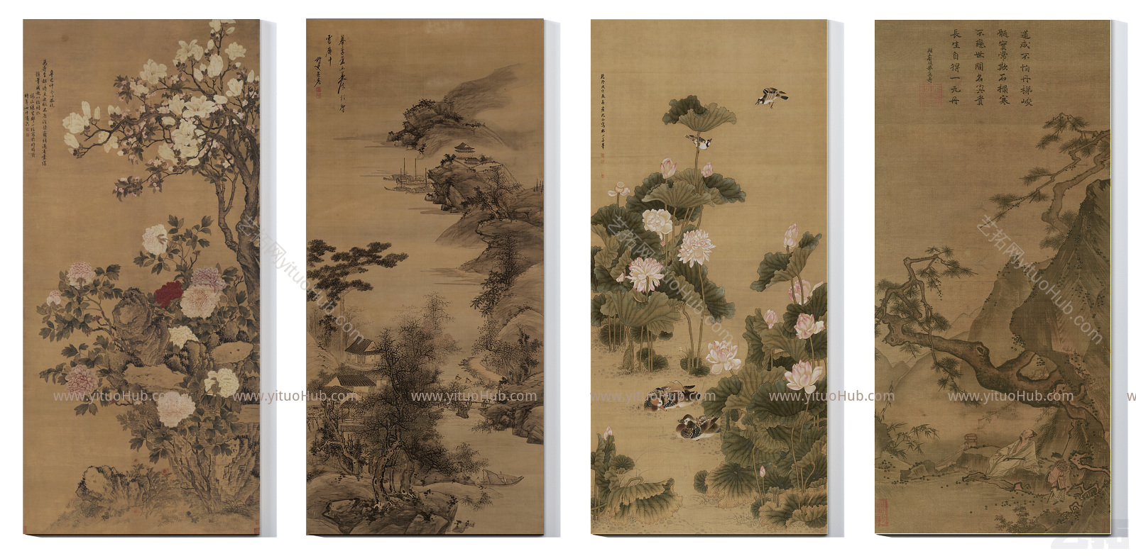中式传统山峰花禽四拼挂画