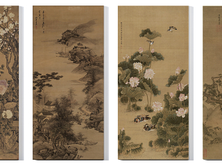 中式传统山峰花禽四拼挂画