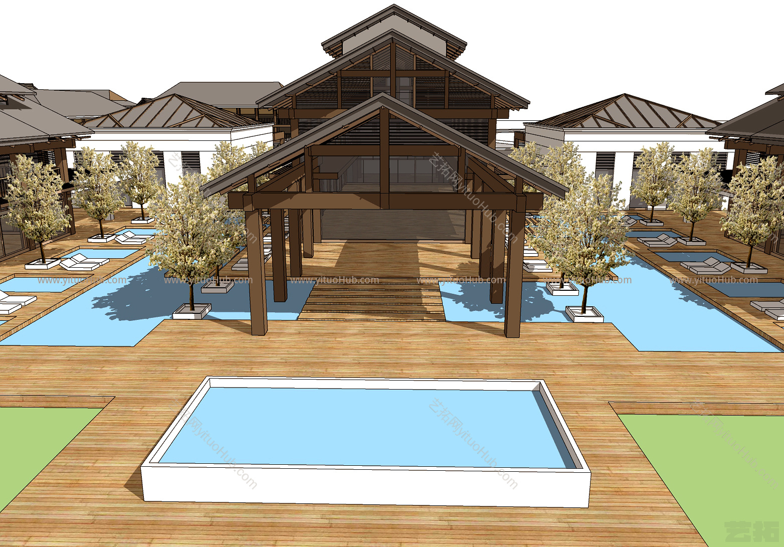 新中式风格仿古温泉会所 旅游民宿酒店室外 船屋 建筑 泳池 湖
