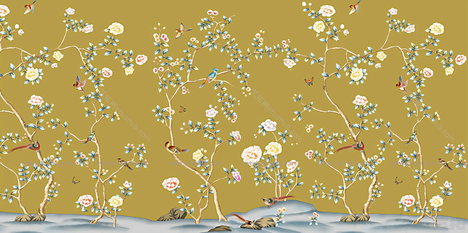 中式花鸟画壁画贴图
