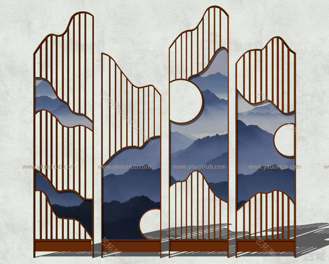 新中式屏风 隔断 镂空 雕花 山水画 背景