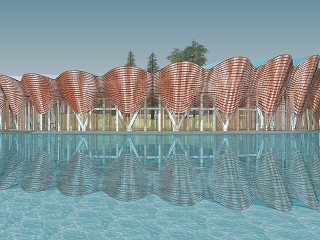 圆形波浪丝绸造型异形木构廊架连廊展馆文化建筑