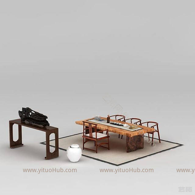 新中式茶室桌椅陈设品组合模型