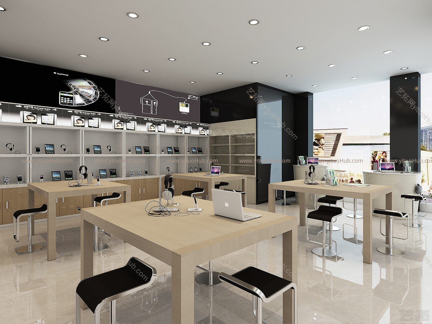 现代商场商铺，店铺门面店面，电脑手机店柜台，展柜，展架，电脑展示体验桌椅