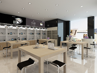 现代商场商铺，店铺门面店面，电脑手机店柜台，展柜，展架，电脑展示体验桌椅