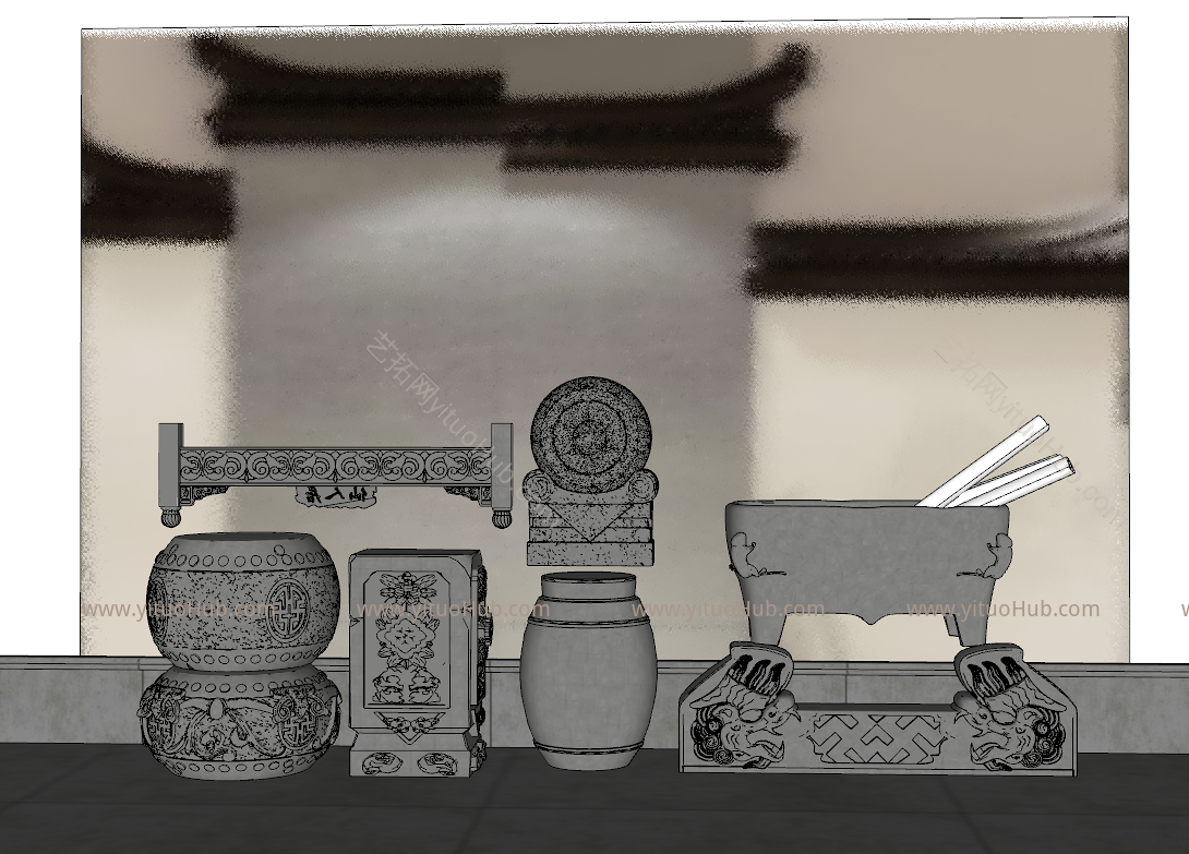 中式抱鼓石 雕花石鼓 石鼎 凳子