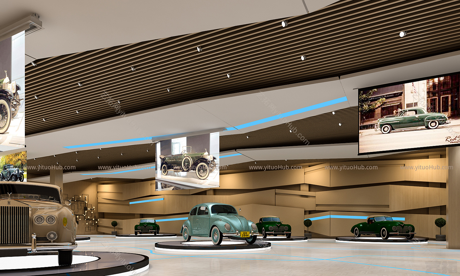 现代科技感展厅，汽车，圆形展台，道奇车，旧汽车，展厅，吊灯，筒灯，展台