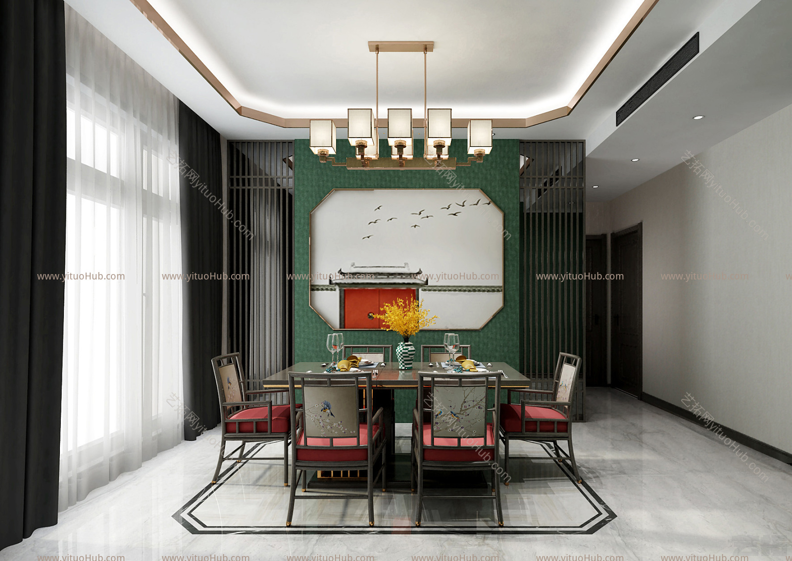 新中式客厅餐厅 吊灯 挂画 沙发 茶几 餐桌椅