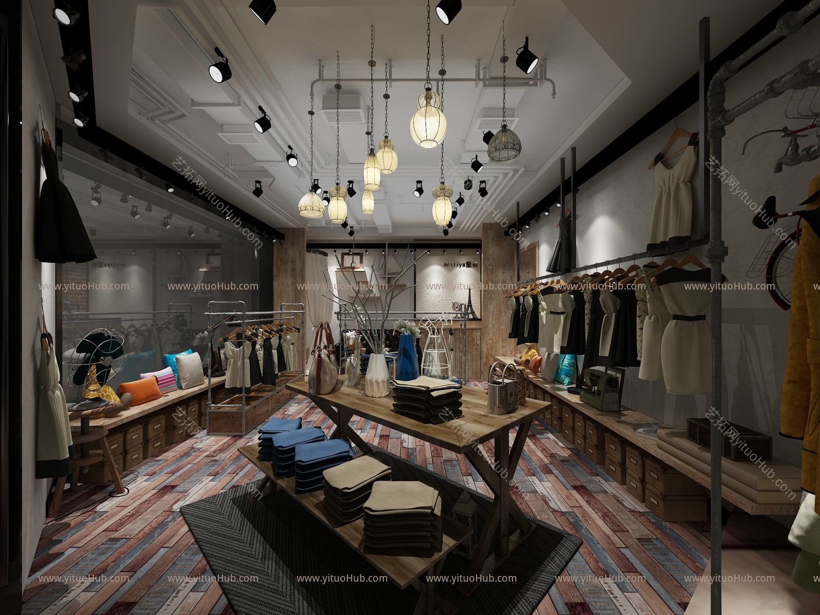 工业LOFT童装店 吊灯 衣服