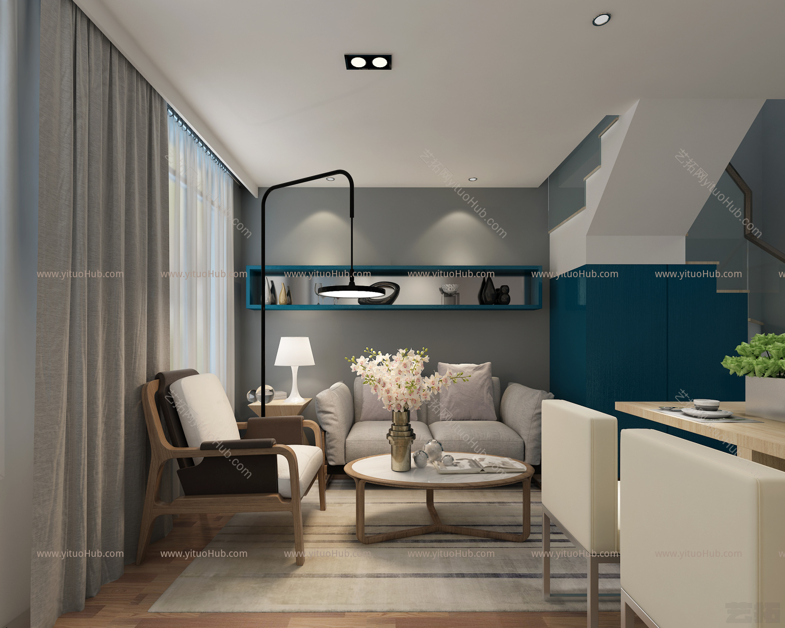 现代简约loft客厅 卧室 工作空间