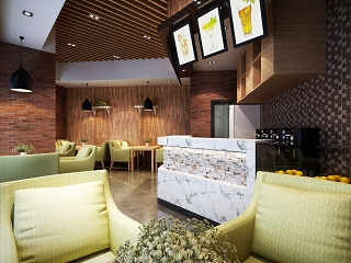 现代奶茶店 休闲桌椅吊灯 挂画 插花