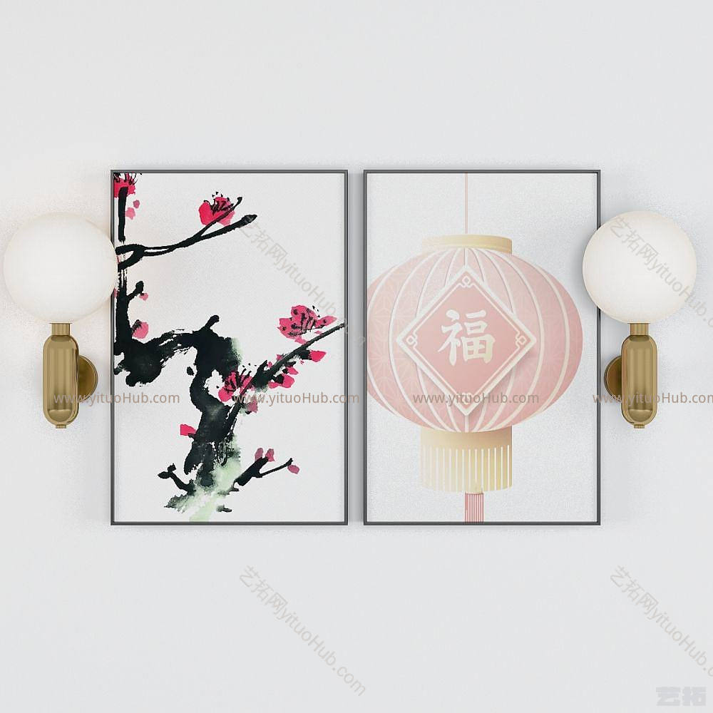 现代中国风水墨挂画模型