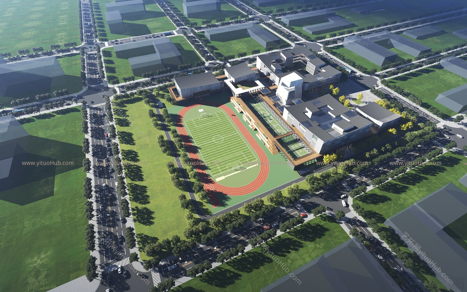 现代风格学校鸟瞰模型