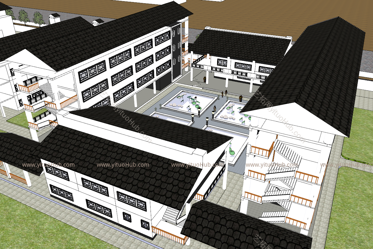 中式学校 教学楼 图书馆 艺术楼建筑