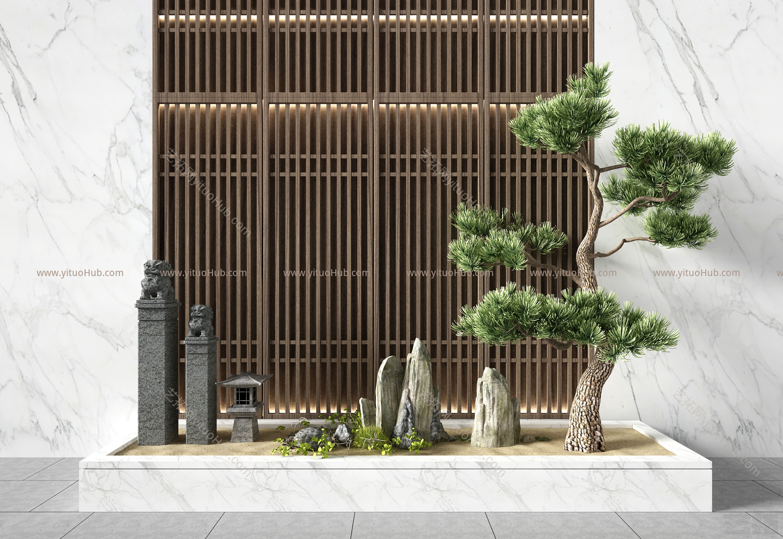 景观小品，景观石，园艺小品，假山石头，松树，鹅卵石