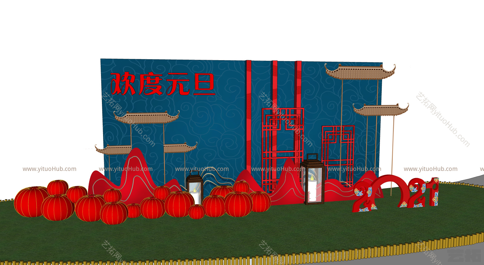 新中式元旦雕塑小品