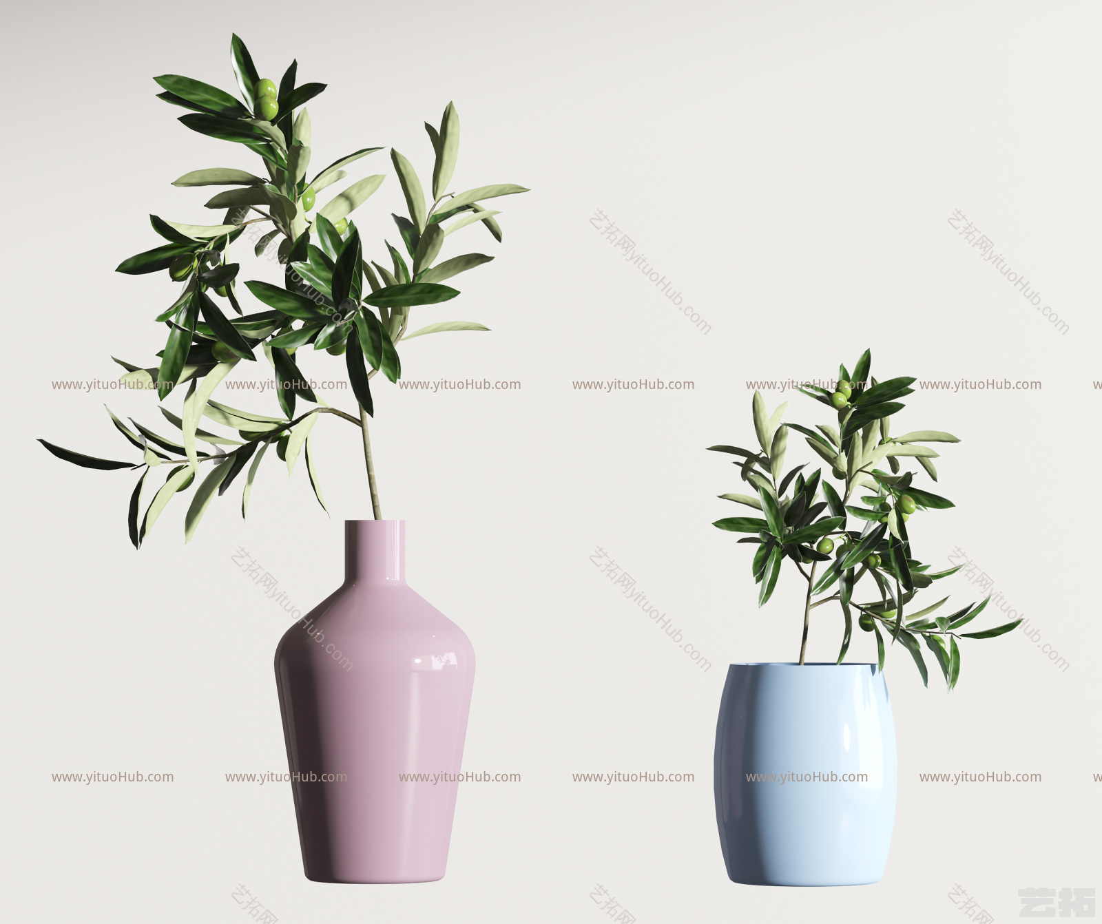 现代植物陶瓷花瓶摆件,植物装饰摆件,绿叶植物花瓶摆件