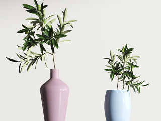 现代植物陶瓷花瓶摆件,植物装饰摆件,绿叶植物花瓶摆件