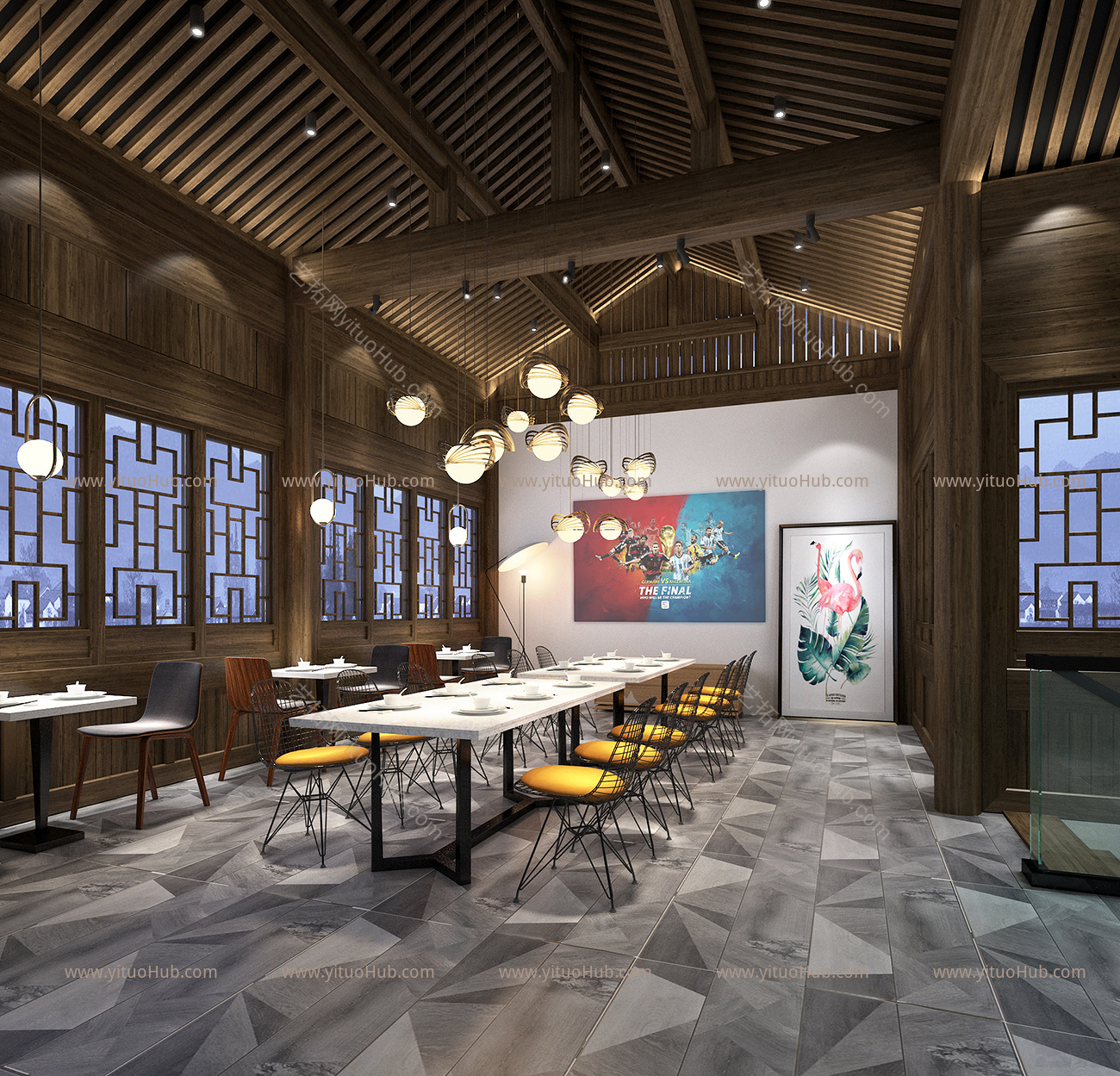 新中式中餐厅 吊灯 餐桌 餐椅 椅子 落地灯 窗花 隔断 中式餐厅