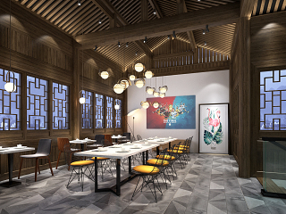 新中式中餐厅 吊灯 餐桌 餐椅 椅子 落地灯 窗花 隔断 中式餐厅