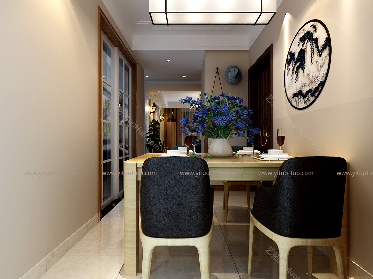 新中式客餐厅 吊灯 台灯 多人沙发 单人沙发 茶几 装饰柜 挂画 摆件 餐桌椅