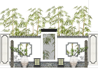 新中式景墙陶罐 灯具 植物组合