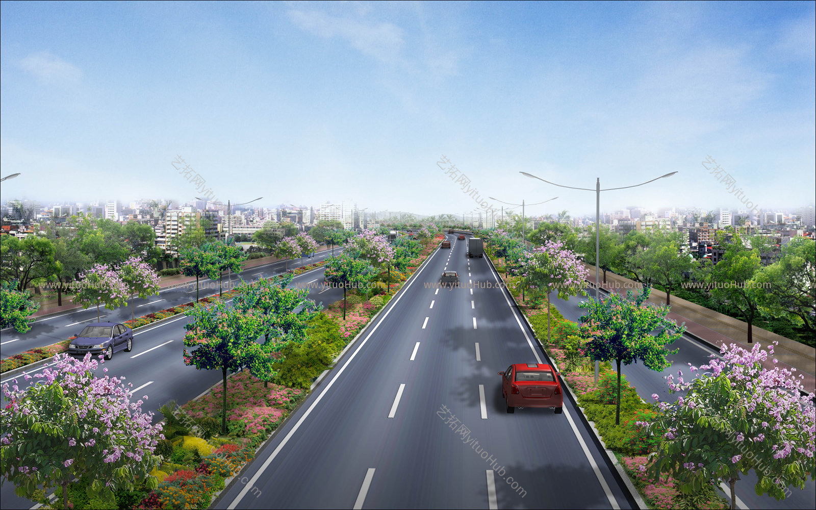 园林景观道路绿化透视图