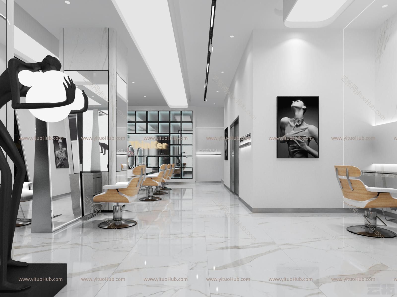现代发廊 理发店 吊灯 挂画