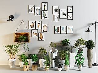 现代照片墙绿植盆栽组合模型