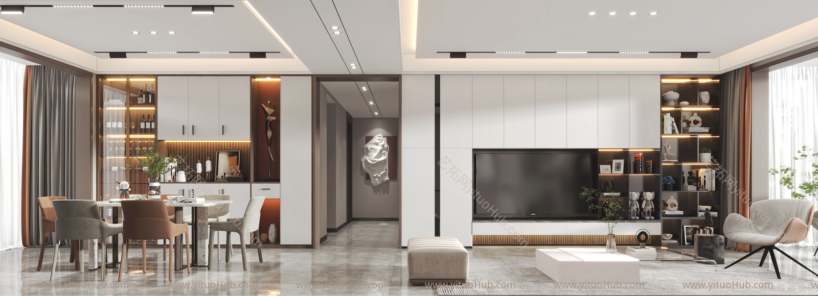 现代客餐厅 沙发 餐桌 电视柜 酒柜 吊灯 装饰画