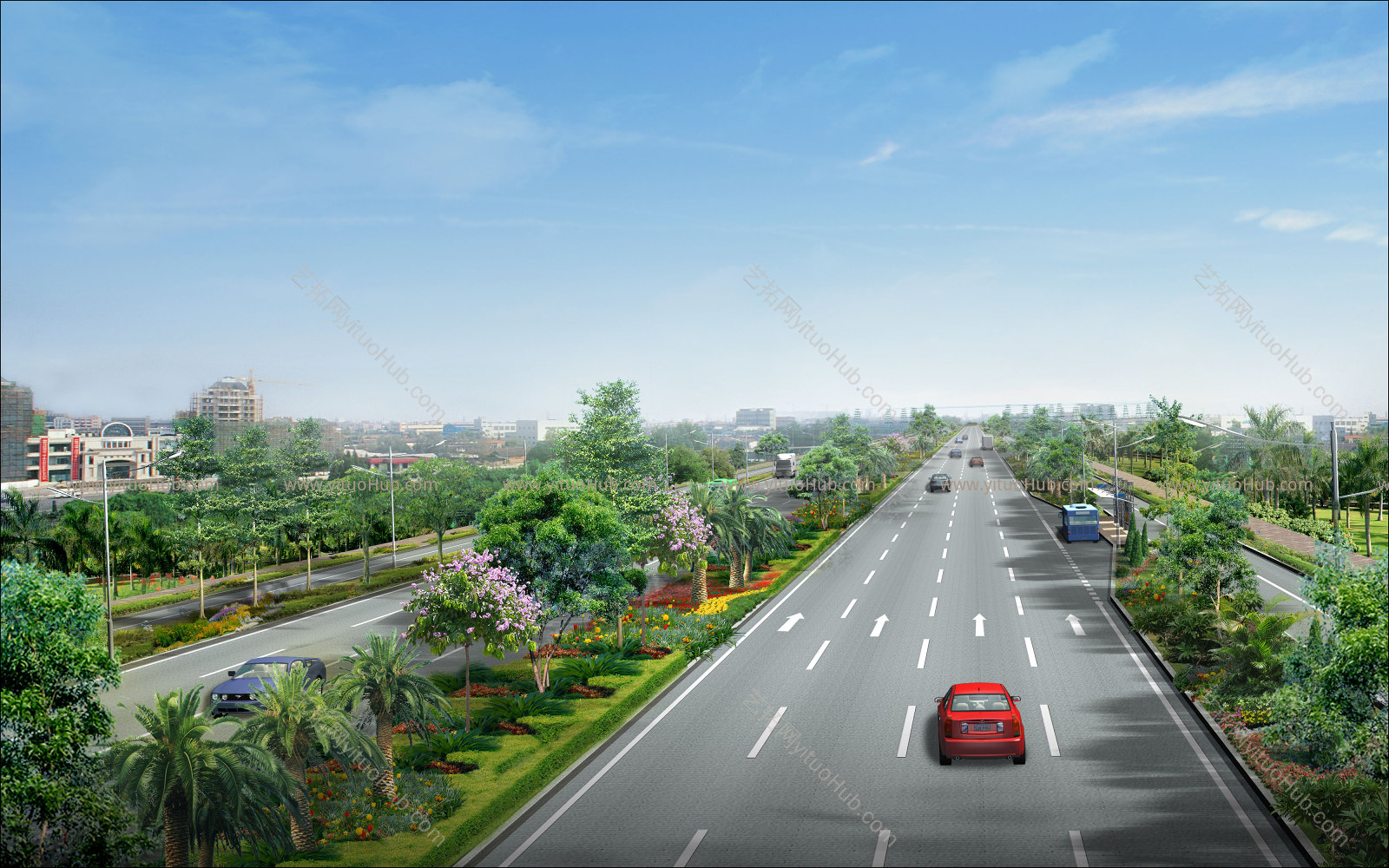 半鸟瞰景观道路绿化