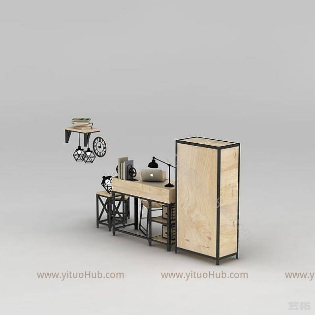 工业LOFT工业风书桌椅编码柜组合模型