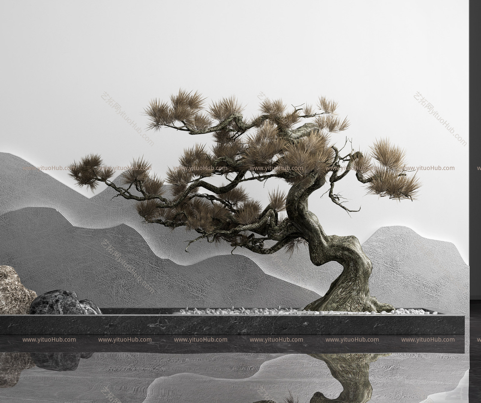 新中式装饰松树水景