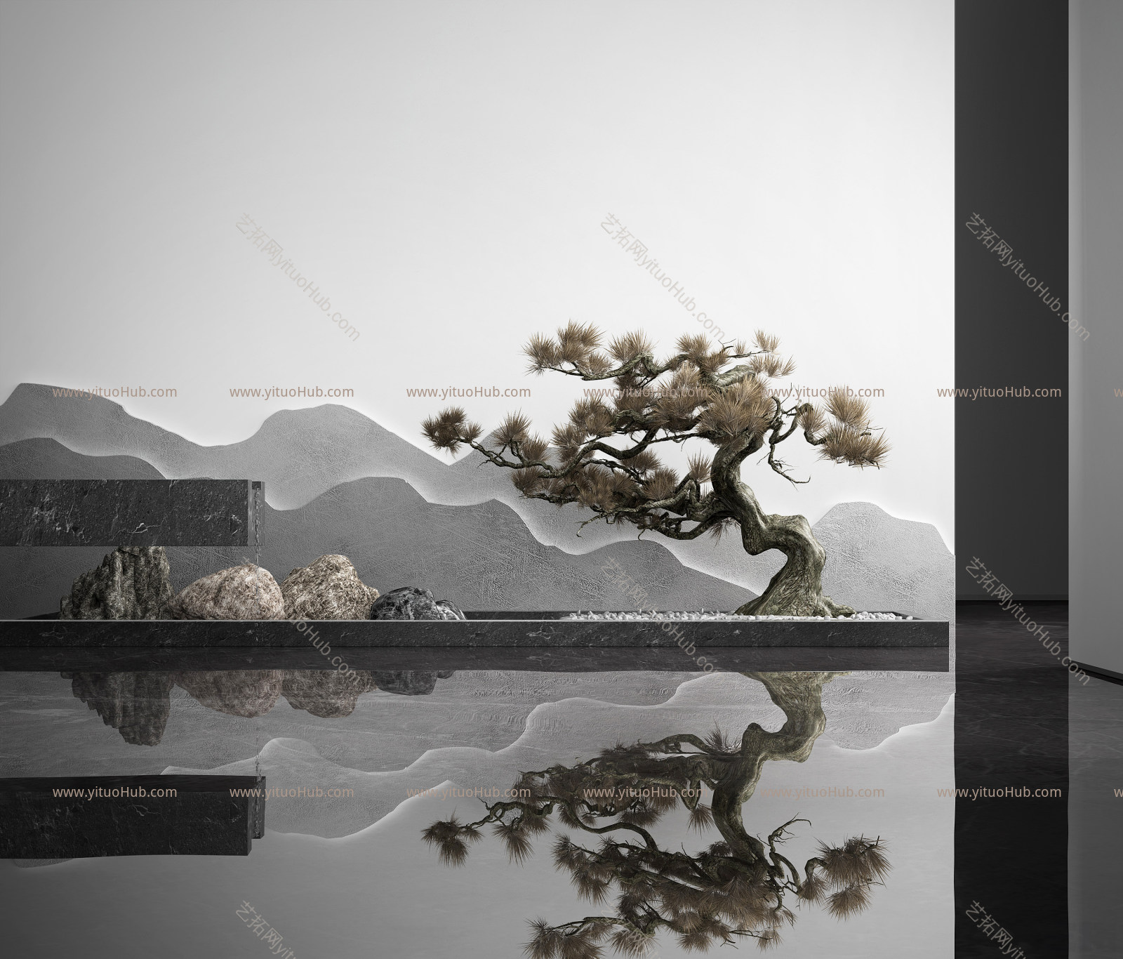 新中式装饰松树水景