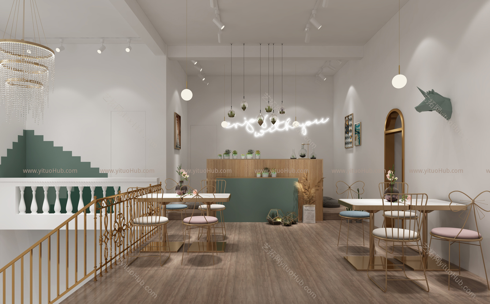 北欧现代奶茶店 金属桌椅 水晶吊灯