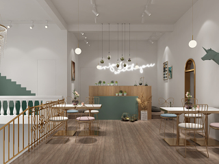 北欧现代奶茶店 金属桌椅 水晶吊灯