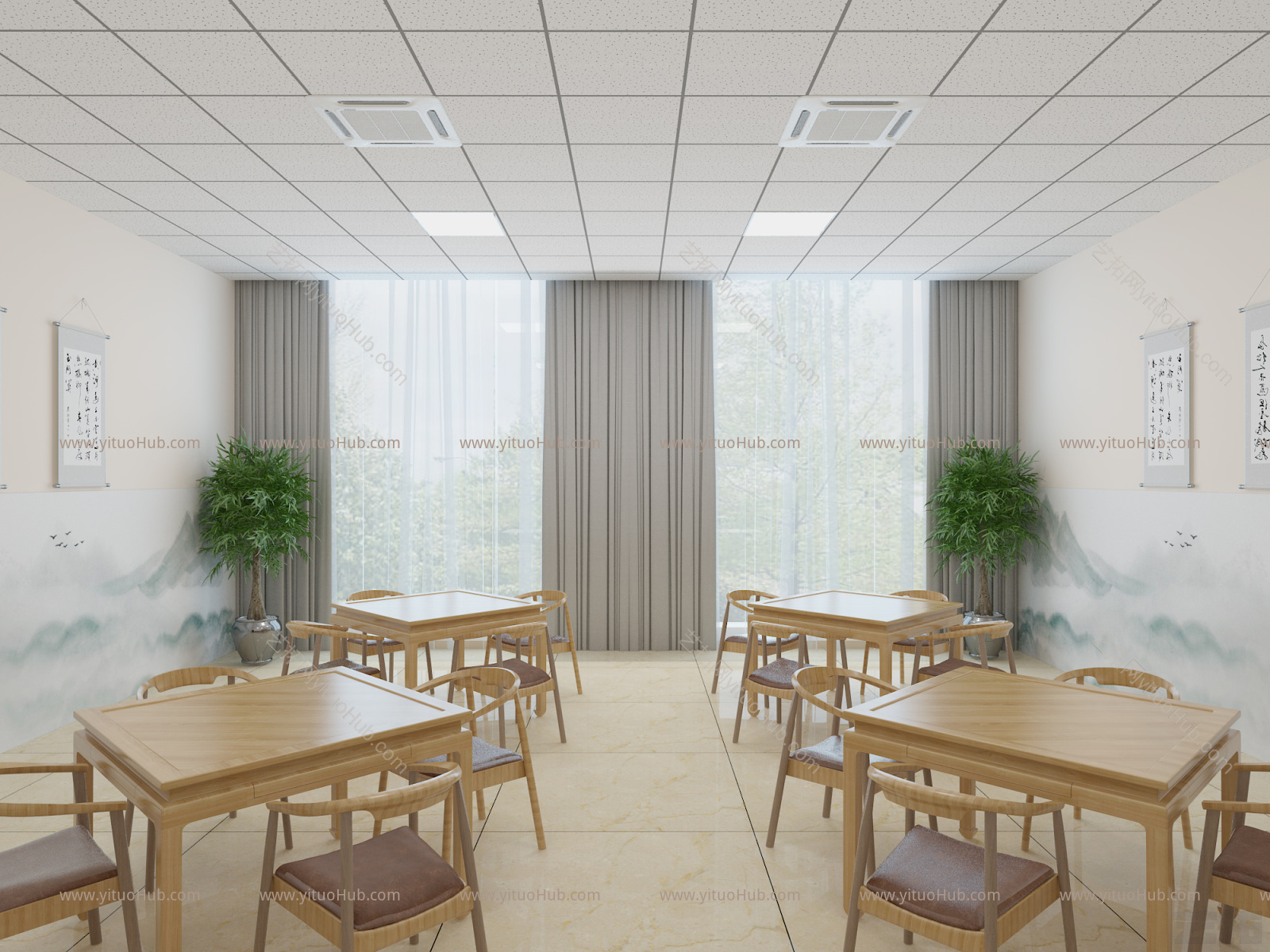 现代北欧客餐厅 沙发茶几 餐桌椅 吊灯 电视柜 挂画 植物隔断 楼梯
